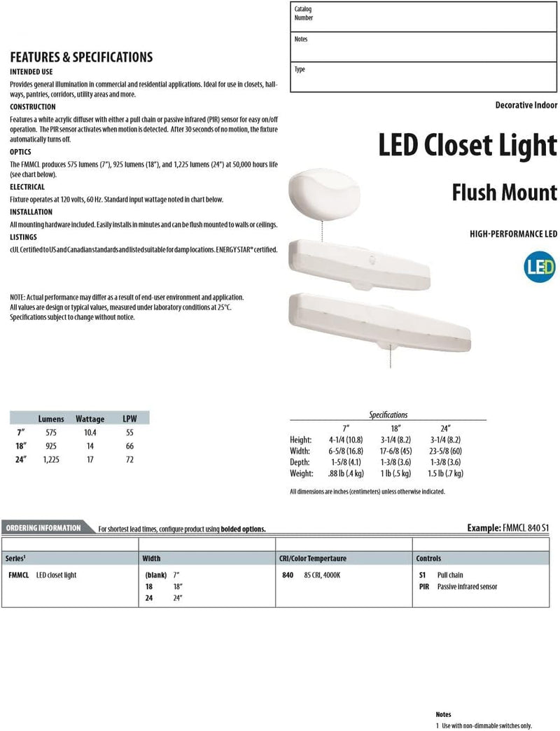 Lithonia Lighting LED Flush Mount Closet Light, 18 Inch Motion Sensor Closet Light Fixture for Bedroom, Bathroom, Storeroom, Pantry or Utility Room, Damp Rated, Hardwired (FMMCL 18 840 PIR M4) 18 in
