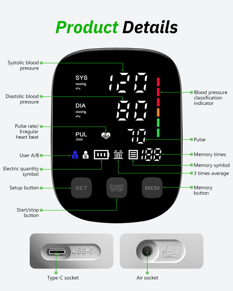 HealthTree Blood Pressure Monitor Upper Arm - Large Cuff(8.7"-16.5") Digital BP Machine with Backlit LED Display, 2x90 Memory, Heart Rate Monitor Sphygmomanometer for Home Use Black