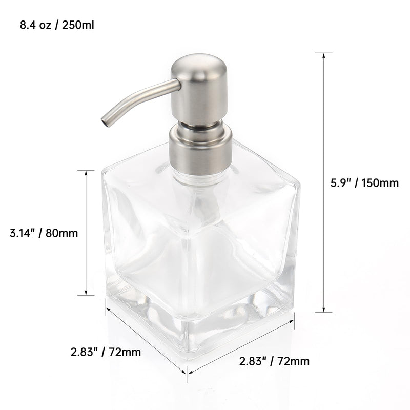  [AUSTRALIA] - Square Bathroom Soap Dispenser Brushed Nickel, Glass Bottles with Stainless Steel Pump Cube Liquid Soap Dispenser Hand Kitchen 8.4oz-Square