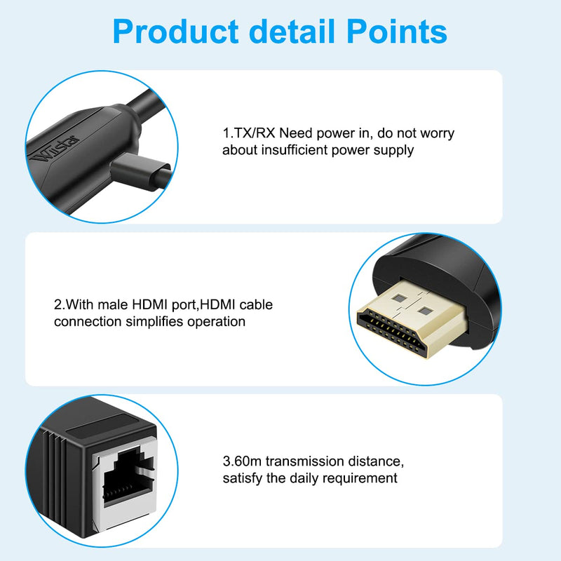 HDMI Over Ethernet Cat5e / Cat6 RJ45 Ethernet Cable, Male to Female HDMI to RJ45 Ethernet Network Converter 2 Ports up to 196ft/60m Transmitter Receiver Power On Support Full 1080p from Displays
