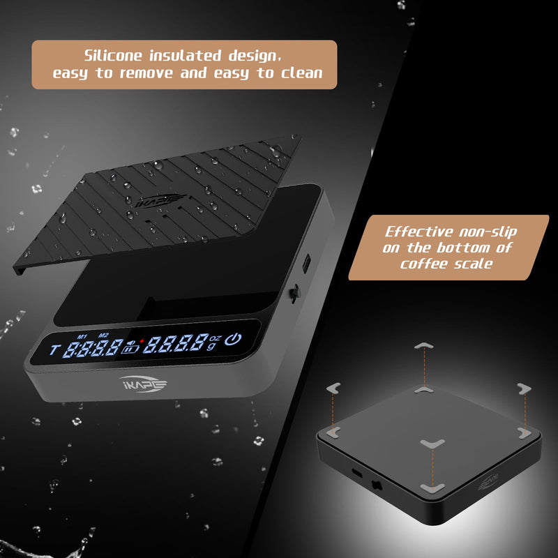 IKAPE Digital Coffee Scale, Premium Aluminium Espresso Scales with Timer, 2kg/0.1g High Precision Rechargeable Drip Espresso Scale with Tare Function, LED Display(Black) Black Pro