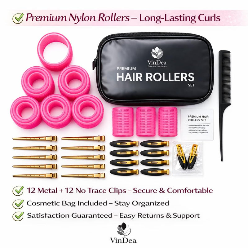 Hair Rollers with Clips 50PCS Set – Self Grip Curlers (60/48/36/25mm) with 24 Metal & No Bend Clips, Rat Tail Comb & Storage Bag for Long, Medium & Short Hair – Volume & Lift DIY Styling