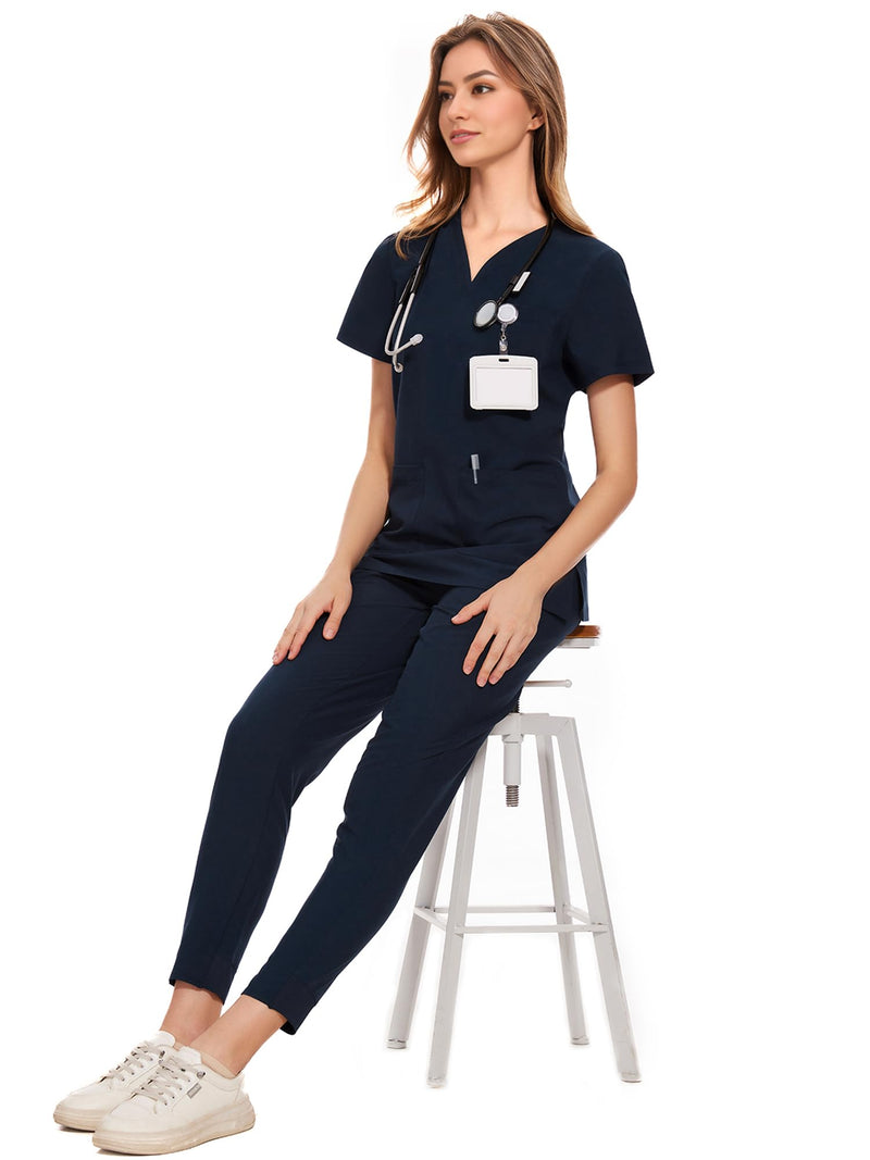 COZYFIT Medical Scrubs for Women Set - Curved V-Neck Scrub Top & Jogger Pants with 8 Pockets Large Navy Blue