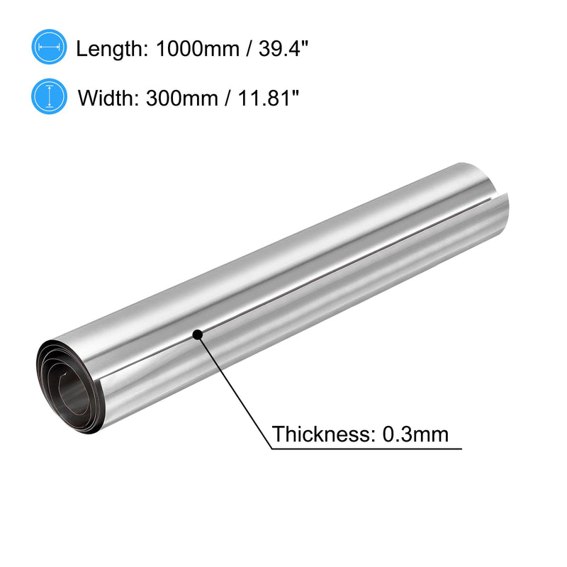 uxcell 304 Stainless Steel Foil Roll，0.3mm x 300mm x 1M Polished Finish Metal Strip Plate Sheet for Crafts, Electronic Equipment, Silver Tone 0.3mm x 300mm x 1M 1