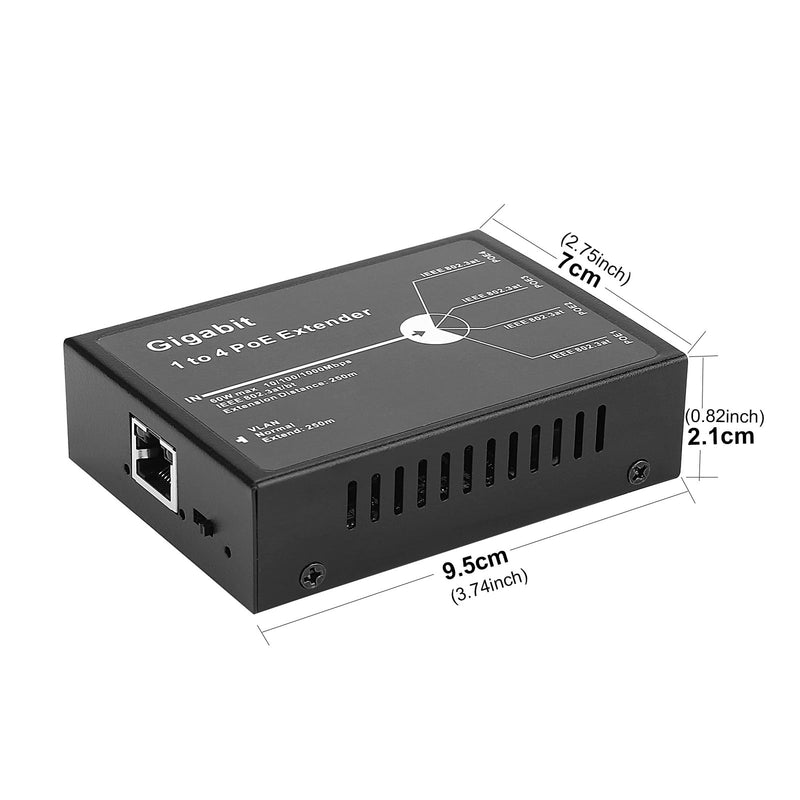 Gigabit POE Extender, 4 Channel PoE Repeater, RJ45 4 Port POE Splitter, 10/100/1000Mbps, PoE Amplifier, PoE Sourcing Ethernet Switch, IEEE 802.3at, 100/250m POE Extension