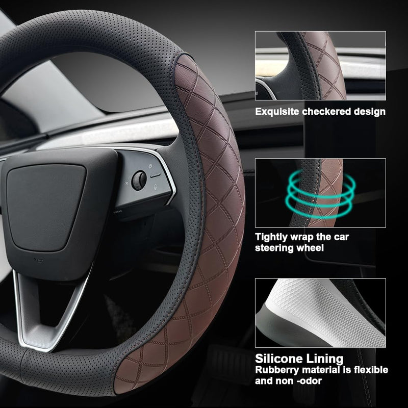 LKWLIKEI Leather Steering Wheel Cover. Elegant Diamond Checkered Design, Non-Slip and Breathable, for Tesla Model 3/Y Steering Wheel Protector,Black Brown Black Brown