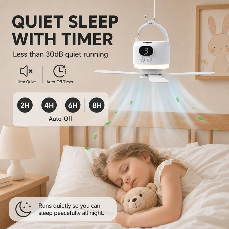 Camping Tent Fan with Light, Rechargeable Hanging Fan with Remote | 10400mAh Rechargeable Battery, USB-C Charging, 3 Speeds, Timer, LED Light, Tent, RV & Outdoor Use White