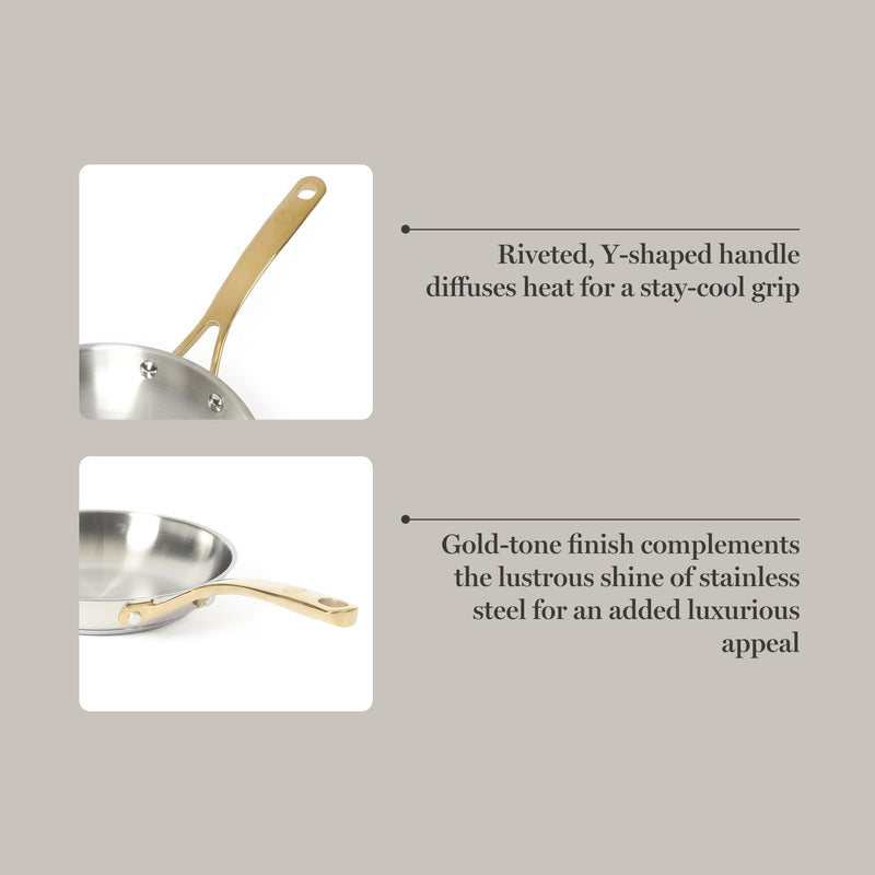 Martha Stewart Castelle 8-Inch Stainless Steel Frying Pan with Gold-Tone Handle – Tri-Ply Encapsulated Bottom, Oven Safe & Induction Safe Skillet for Searing and Sautéing Stainless Steel W/ Gold Handle 8" Frying Pan
