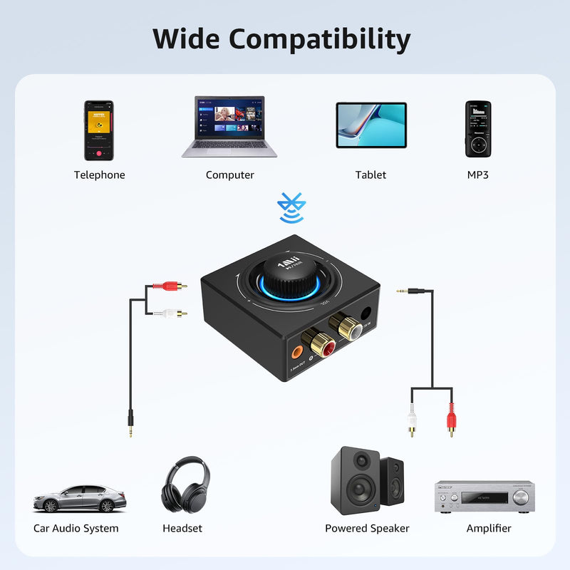 1Mii B06T3 Bluetooth 6.0 Receiver for Home Stereo, RCA & 3.5mm AUX Jack | Wireless Audio Adapter with Knob Volume Control, for Wired Speakers, Old Speakers, Home Audio Music Streaming Stereo System