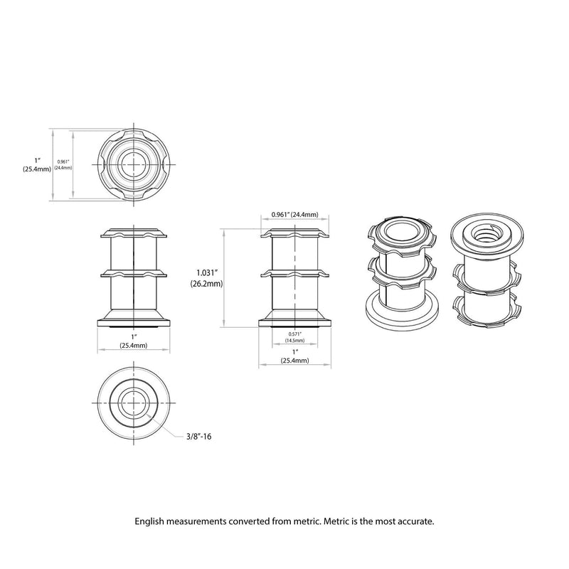 Outwater 1" Round Tube Caster Insert, 3/8-16 Thread, 20-Pack 20 Pack