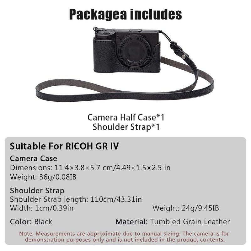 GRIV Vintage Genuine Leather Camera Case with Shoulder Strap for Ricoh GR IV/GR IV X/GR IV HDF/GR4 Handmade Half-Wrap Cover (Black)