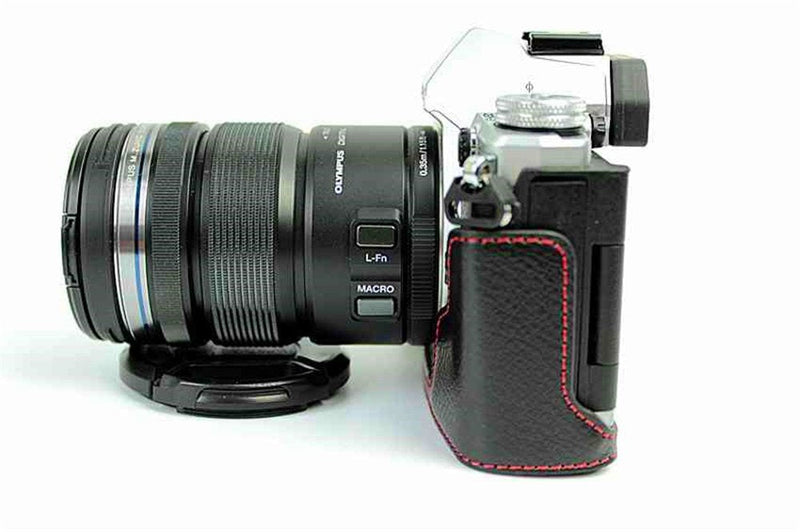 E-M5 Mark II Case, BolinUS Handmade Genuine Real Leather Half Camera Case Bag Cover for Olympus OM-D E-M5 Mark II Bottom Opening Version with a Free Genuine Real Leather Hand Strap - Black