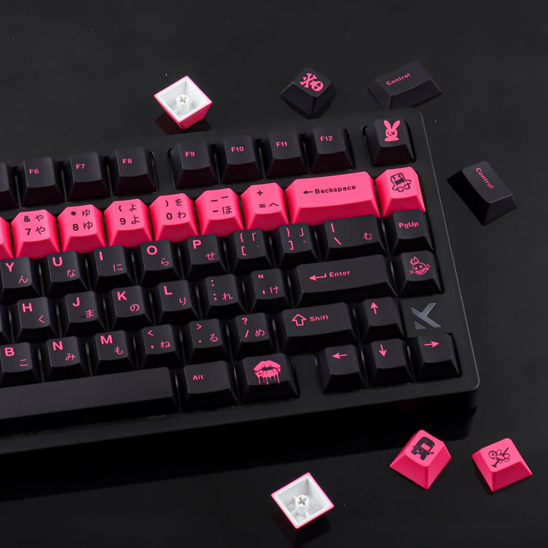 Tsungup Japanese Keycaps - Retro Cherry Profile 132 Key caps Keyboard | Black & Blush Pink Dye Sublimation PBT With 6.25U 7U Spacebar for Cherry MX Switches Mechanical Keyboard Black&Blush Pink