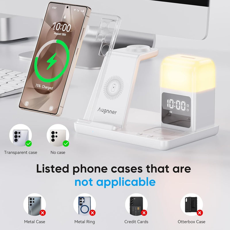 6 in 1 Wireless Charging Station for Samsung Android with Clock & Night Light,Alarm Clocks for Bedrooms,Wireless Charger Beside Clock for Galaxy S26 S25 S24 Ultra Galaxy Watch Buds White
