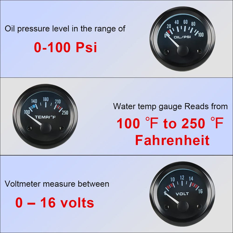WATERWICH 3-in-1 Car Marine Meter Auto Gauge Kit: Voltmeter + Water Temperature + Oil Pressure Gauge, 2" (52mm), Universal for Car, SUV, Truck, Motorcycle, Tractor & Marine Engines Black