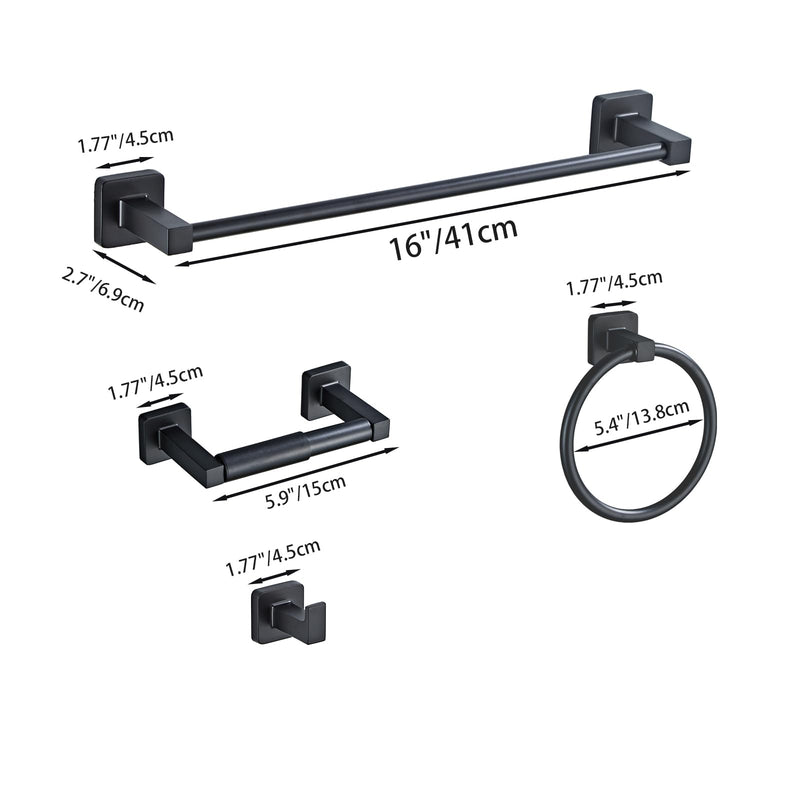 Matte Black Bathroom Hardware Set 4 Pieces,Towel Bar Set Stainless Steel Wall Mounted, Includes 16In Hand Towel Bar, Towel Ring, Robe Towel Hooks,Toilet Paper Holder, Bathroom Towel Rack Set Matte Black 16Inch
