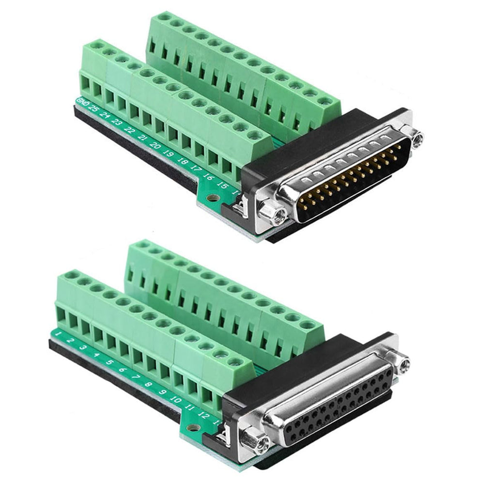 2Pcs DB25 Male Female Breakout Board Connector, RS232 D-SUB Serial 25 Pin Port Terminal Solderfree Adapter with Nut