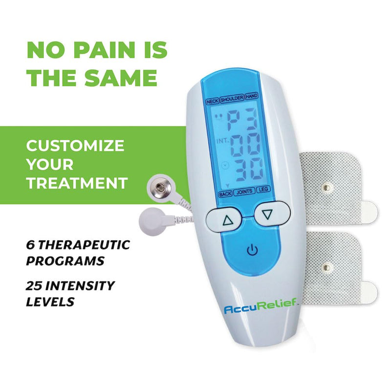 AccuRelief TENS Unit Muscle Stimulater Pain Relief System - Electric Muscle Stimulator with Electrodes for Neck, Back, and Full Body, White and Blue