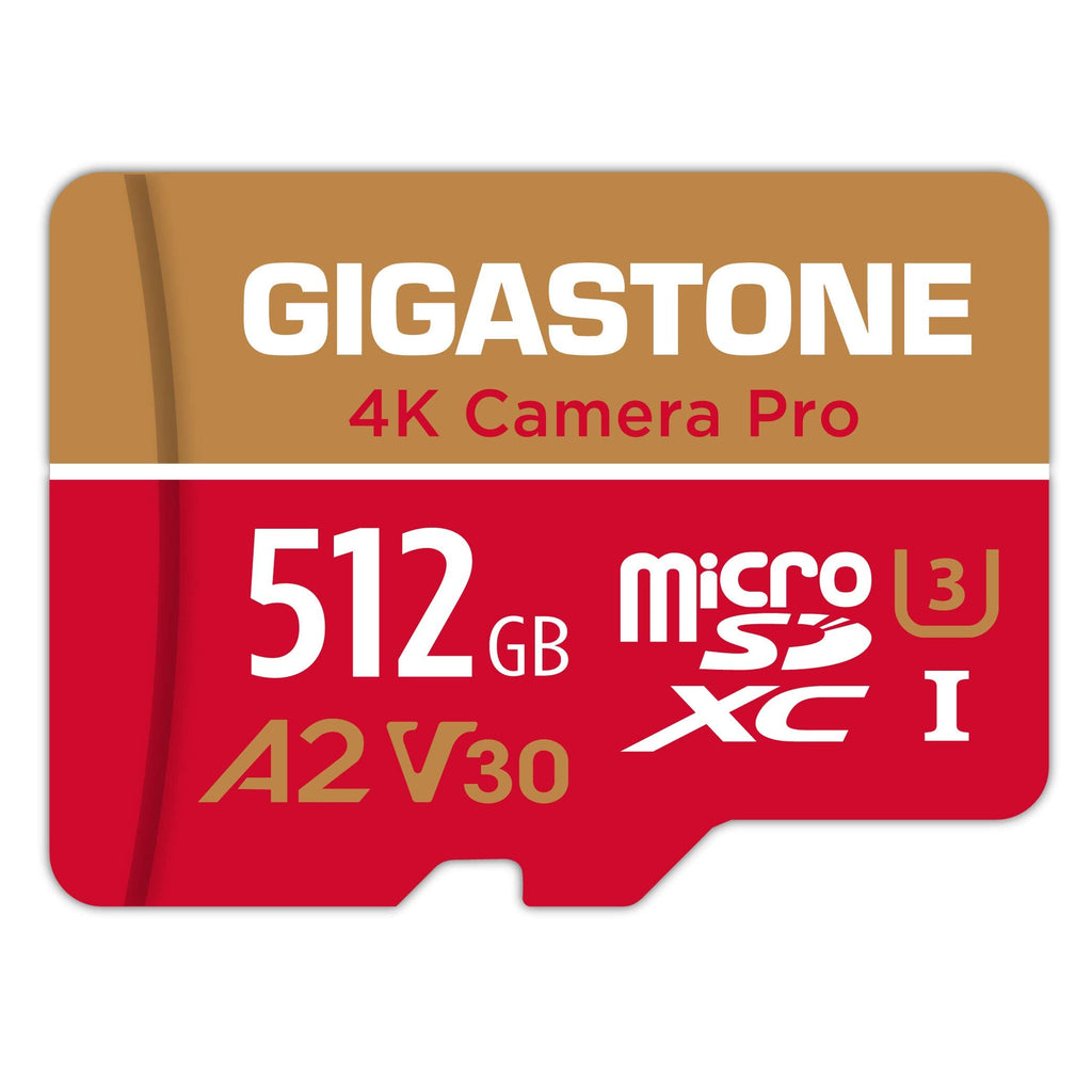 [5-Yrs Free Data Recovery] Gigastone 512GB Micro SD Card, 4K Camera Pro, A2 V30 for Smartphone, Gopro, Action Cams, 4K UHD Video, For Nintendo-Switch, Up to 100MB/s, UHS-I U3 C10 Class 10 with Adapter 512GB 4K Camera Pro 1-Pack