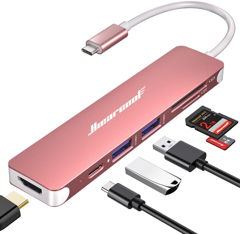 Hiearcool USB C Hub,USB C Dongle,7IN1 USB C to HDMI Multple Adapter Compatible for MacBook Dell Lenovo Asus Thunderbolt 3 Thunderbolt 4 USB C Docking Station (HDMI USB3.0 TF/SD PD)-Rose Gold Pink