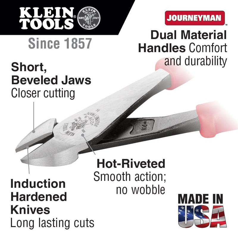 Klein Tools J228-8 Pliers, Made in USA, Diagonal Cutting Pliers with Dual-Material Journeyman Handles, Short Jaws and Beveled Cutting Edges, 8-Inch
