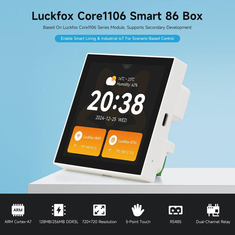 Waveshare Luckfox Core1106 Smart 86 Box Development Board, RV1106G2, 0.5/1TOPS, 128MB/256MB DDR3L, ARM Cortex-A7 32-bit, Onboard 4inch 720 × 720 Pixel Touch Display, RS485 Interface, with Wireless