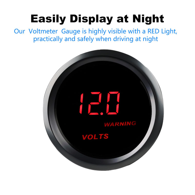 WATERWICH 2inch 52mm DC12V Voltmeter Red Digital LED Volt Gauge Voltage Meter Kit for Car Truck Marine Vehicle Automotive