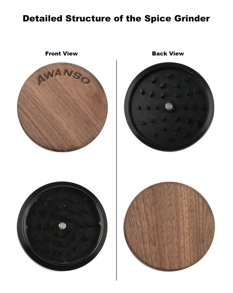 2-Piece Grinder, 2.5" Walnut Wood and Aluminum Grinder for Kitchen Brown 2.5"