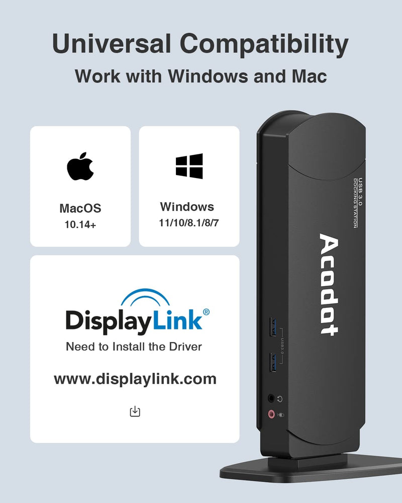USB 3.0 Universal Docking Station, Acodot 13 in 1 Laptop Docking Station Dual Monitor for Windows and Mac, USB C Docking Station with HDMI, VGA, DVI, 6X USB 3.0, Gigabit Ethernet, Audio