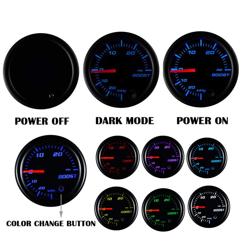 YONEDA Turbo Boost Gauge Kit Vacuum 30 PSI Tinted 7 Color - Includes Mechanical Hose & T-Fitting - Black Dial- for Car&Truck - 55mm