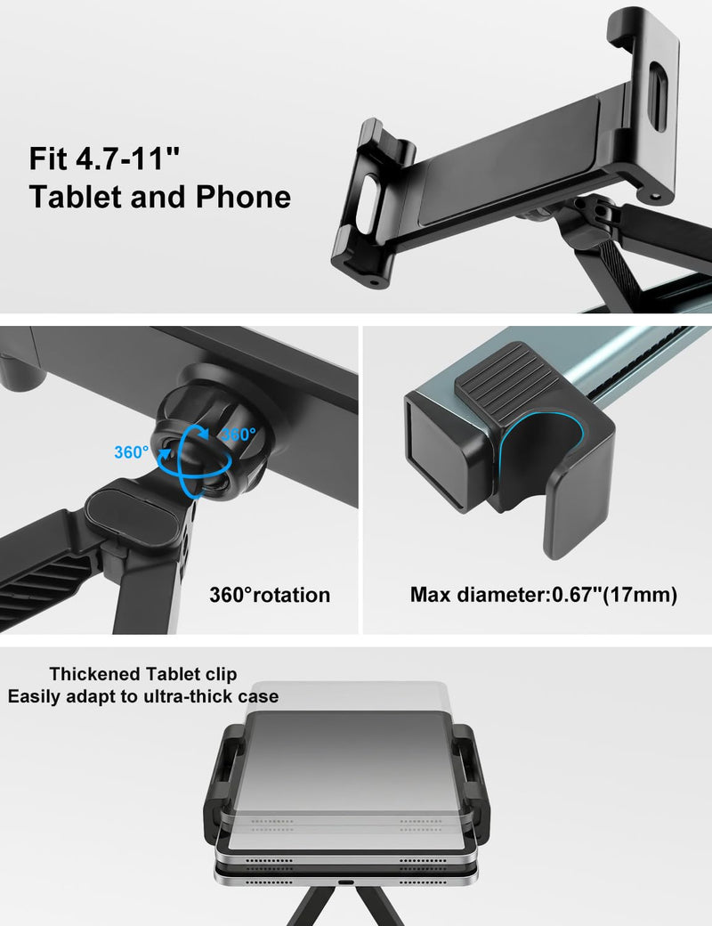 YUGUANG Tablet Holder for Car, Triangle Extension Arm Anti-Shake 360° Rotation Road Trip Essentials Back Seat Headrest Tablet Car Mount Compatible with iPad Pro, Air, Mini, 4.7-11" Devices