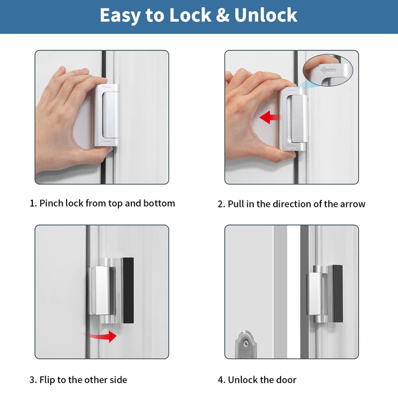 Home Security Door Reinforcement Lock Safety Latch Extra Front Doors Security Devices, Anti Door Kick in Safety Protector for Door Inside, Child Proof Aluminum Locks Silver 2Pack