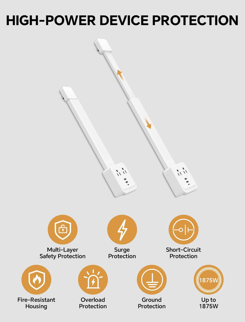 Outlet Extender Stick 17.2''–25.8'' Adjustable with USB C & 2 USB Ports, Electrical Outlet Extender with 2 AC Outlets, Flexible Rotat Plug for Multi-Angle Use in Home, Office, RV Tight Spaces White