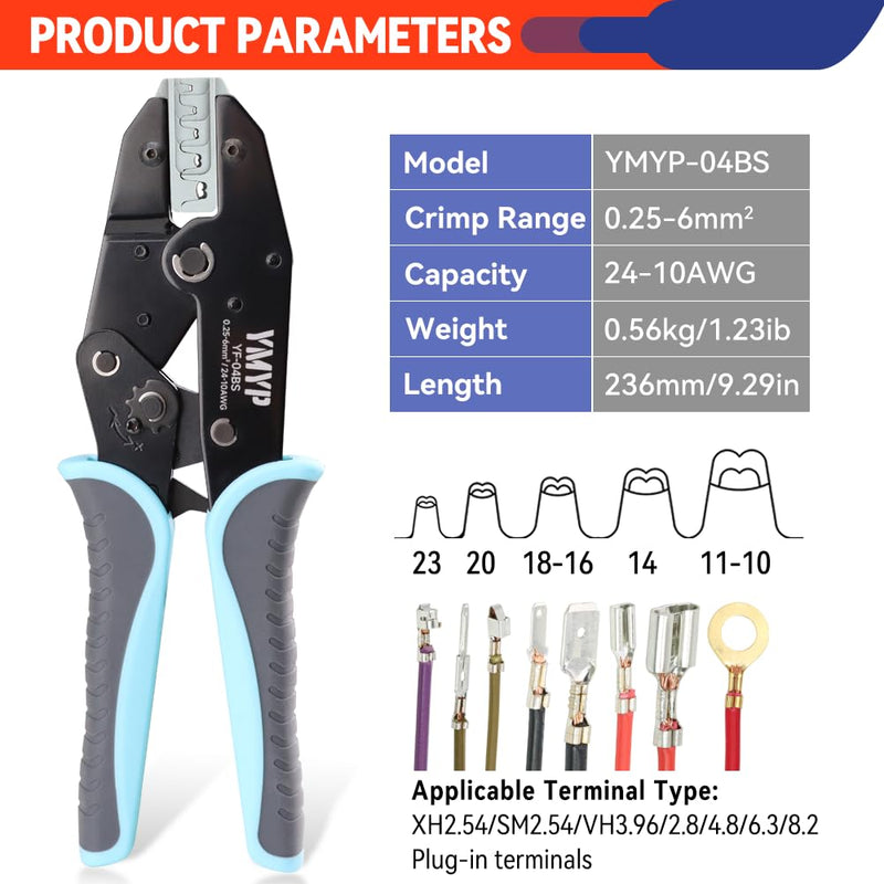 Crimping Tool for Open Barrel Terminals JST Molex TE Connectors - 24-10 AWG (0.25-6mm²) with Wire Cutting Jaw - Ratcheting Wire Crimper YF-04BS Open Barrel Terminals 0.25-6mm²