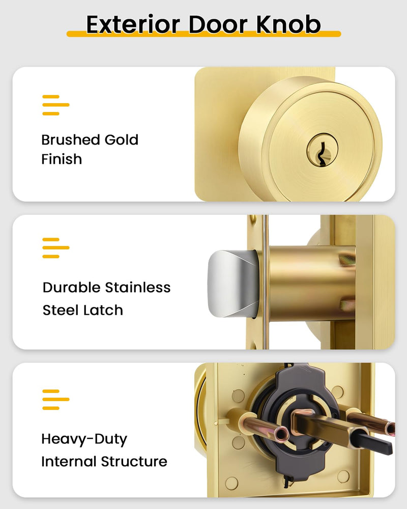 Goldenwarm Gold Entry Door Knob with Lock and Key, Zinc Alloy Brushed Gold Exterior Door Knobs for Front Door, 1 Pack