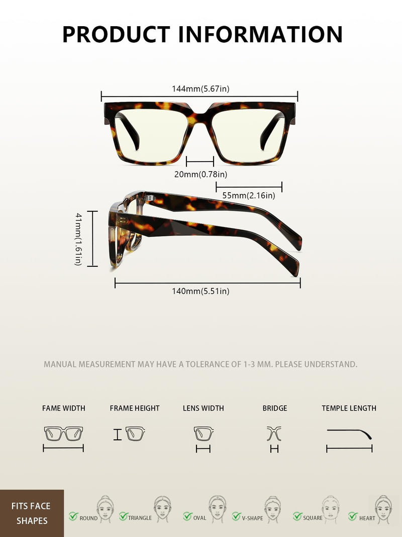 kimorn Square Blue Light Glasses for Women | Square Frame, Clear Lens, Lightweight Plastic, Office Study Gaming Tortoise