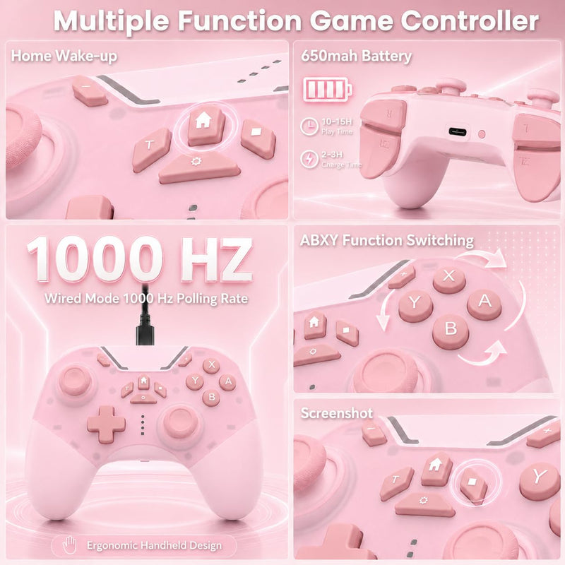 aghi Hall Effect Wireless Gaming Controller with Phone Clip | for iPhone/Android/PC/Steam/TV/Switch/Switch 2 with Hall Joysticks, Lock Speed, Macro, 6-Axis Gyro, Vibration, Turbo, Pink Light Pink