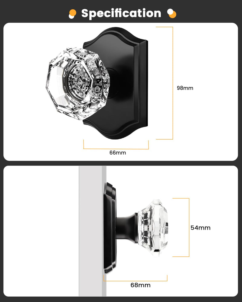 Gobrico Matte Black Dummy Crystal Door Knobs, Single Side No-Turning Glass Door Handles, 2 Pack Inactive Diamond Octagonal Knob Sets