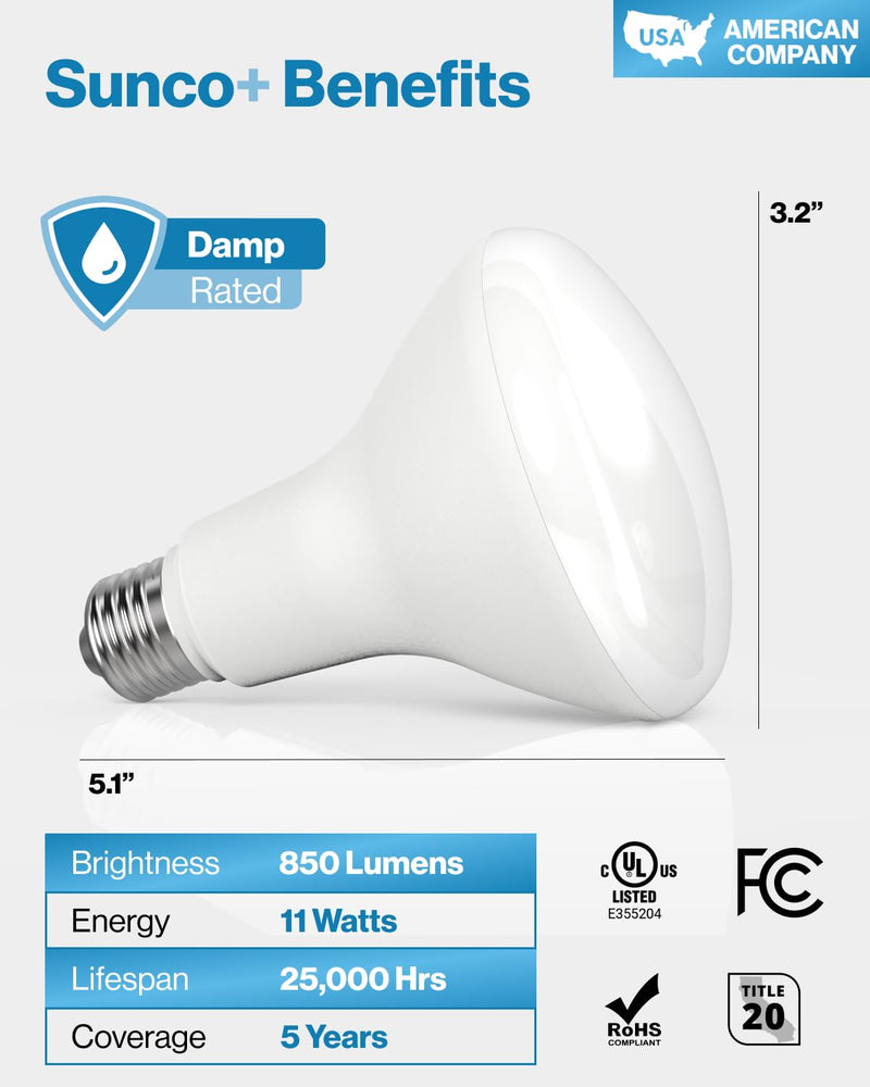 Sunco 10 Pack BR30 LED Bulbs Indoor Flood Lights 11W Equivalent 90W, 3000K Warm White, 850 Lumens, E26 Base, 25,000 Lifetime Hours, Interior Dimmable Recessed Can Light Bulbs - UL & Energy Star. 10 Count (Pack of 1) White 3k