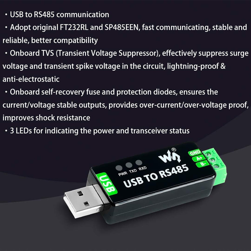  [AUSTRALIA] - Waveshare 2PCS Industrial USB to RS485 Bidirectional Converter Adapter Board with Original FT232RNL and SP485EEN Chip Fast Communication up to 1.2km Transmission Distance Embed Protection Circuits