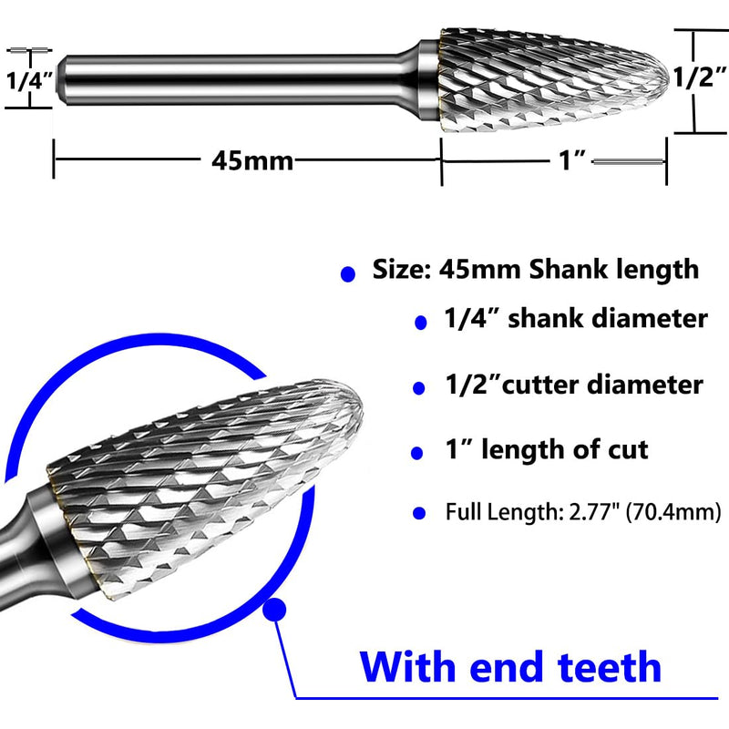 SF-5 Tungsten Carbide Burr Set Double Cut Rotary Burrs File(1/2” Cutter Dia X 1”Cutter Length) with 1/4'' (6.35mm) Shank for Die Grinder Drill Bits (Pack of 5)…