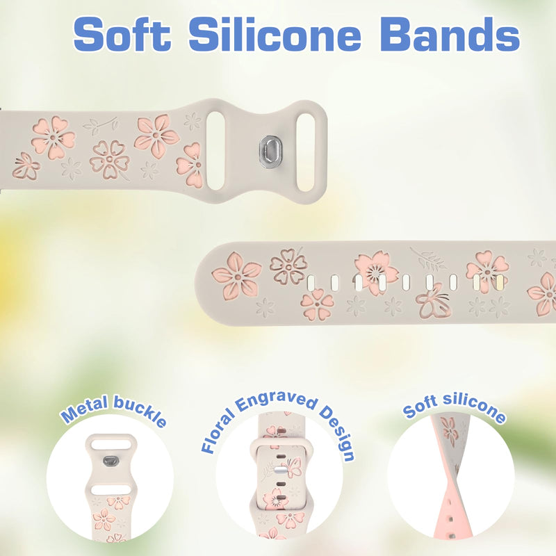2-in-1Floral Engraved Band Rhinestone Bezel Case for Samsung Galaxy Watch 7 | Flower Soft Silicone Watch Strap Sparkly Diamond Bumper PC Protective Cover for Women Waterproof Sport Replacement Wristband Starlight Case + Starlight&Pink Band