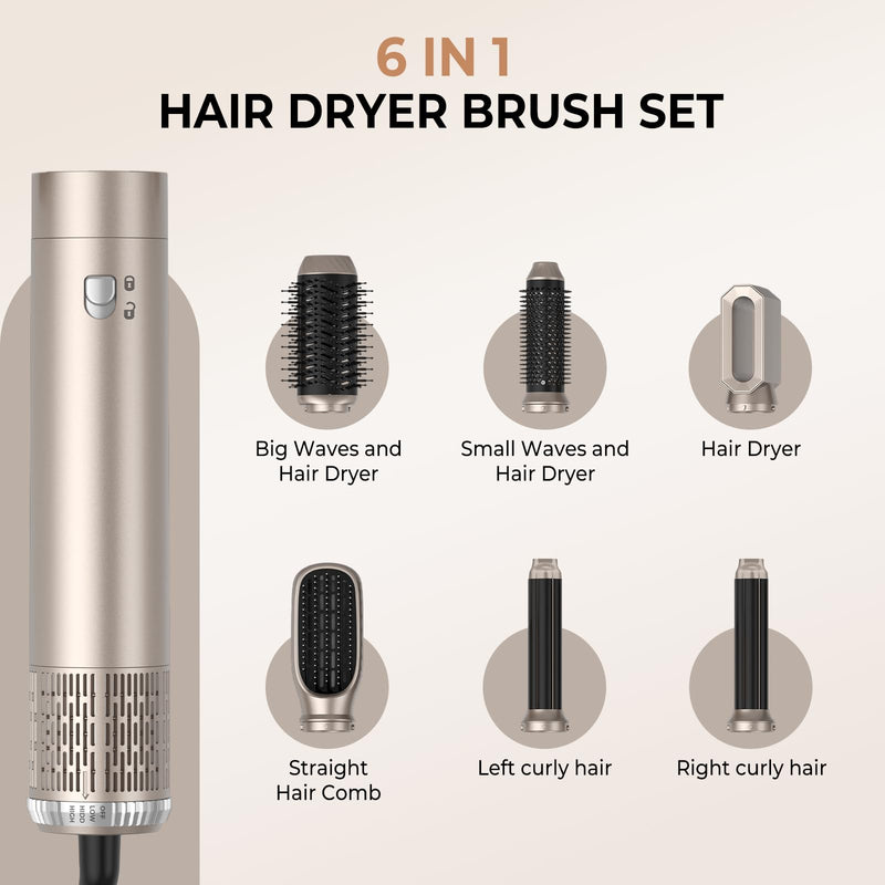 6 in 1 Hair Styler,Airbrush Air Styler 1000w Blow Dryer Brush Set | 30mm Air Curler, Hair Styling Tool Multistyler, Smooth Shine Volumize Curl Straighten Brush,Blow-Out Look Sliverygold