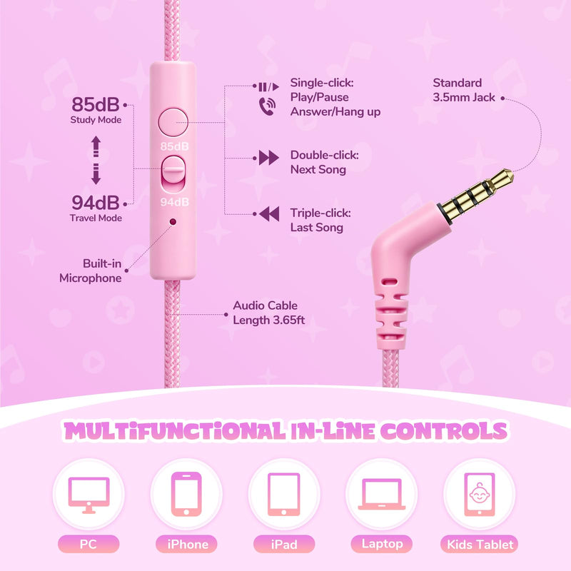 Owliwise Kids Headphones for School Travel, Safe 85/94dB Volume Limiter, HD Microphone, Over-Ear Foldable Headphones for Kids, Boys Girls, 3.5mm Wired for iPad Cord Tablet Computer, Aura Series Pink