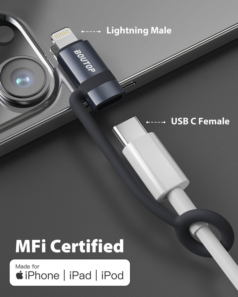 BOUTOP [MFi Certified] 36W USB C to Lightning Adapter (2 Pack) - Support PD Fast Charging/Data Sync, with Anti-Lost Silicone Holder for iPhone iPad AirPods, Reduces Cable Clutter