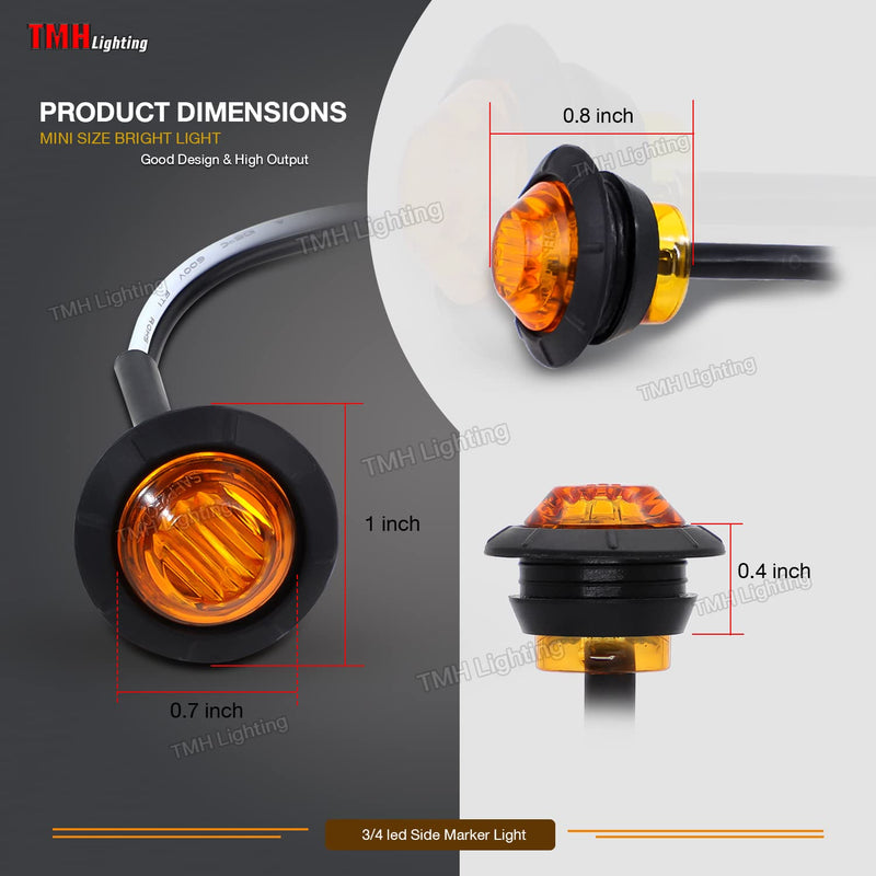 TMH 50 pcs 3/4 Inch Mount Amber 3 LED Mini Round Trailer Side Marker Indicator Lights Clearance Button Signal Lamps Universal for Trucks Lorry Boat Pickup Bus Caravan RV Waterproof Sealed Bulbs 12V DC 50pcs Amber