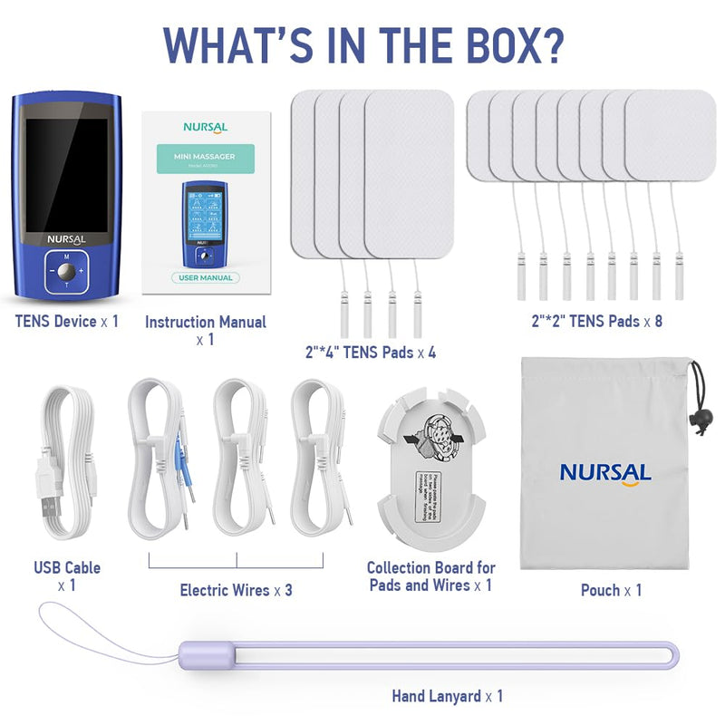 NURSAL TENS EMS Unit Muscle Stimulator for Pain Relief Therapy, Electric 24 Modes Dual Channel TENS Machine Pulse Massager with 12 Pcs Electrode Pads/Continuous Stable Mode/Memory Function Blue