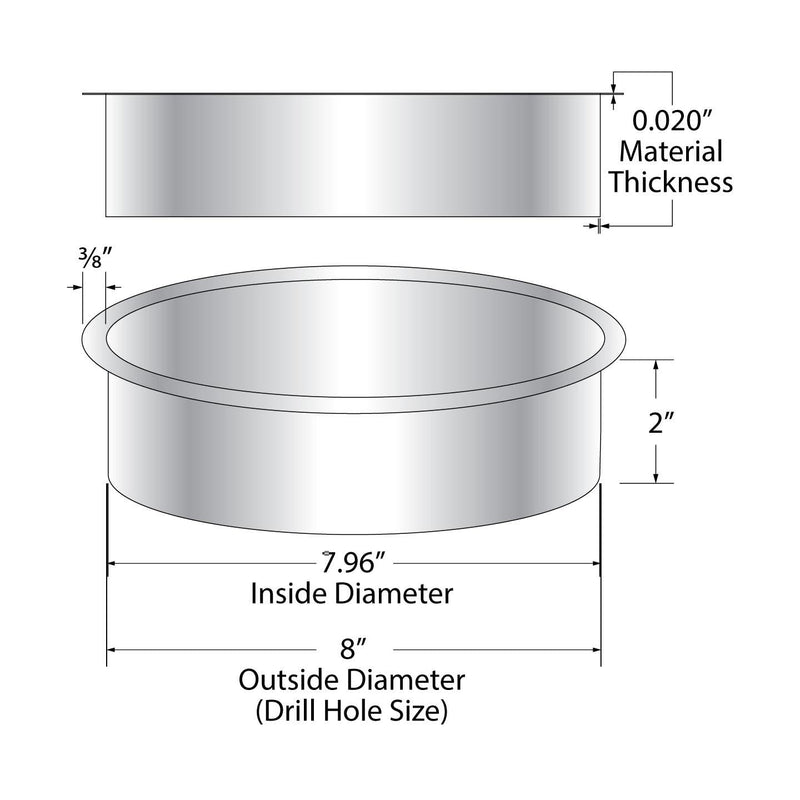 Outwater 8" (Nominal) Diameter x 2" Height 304 Polished Stainless Steel Trash Grommets for Countertop Inserted Trash Chutes 8in. Dia x 2in. H