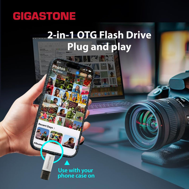 GIGASTONE 64GB Dual Flash Drive (2 Pack) V40S USB 2.0, 2-in-1 Type-A & Type-C, High Speed, Head Cap Design, Plug & Play for Smartphone/PC/Mac/TV/Car Audio