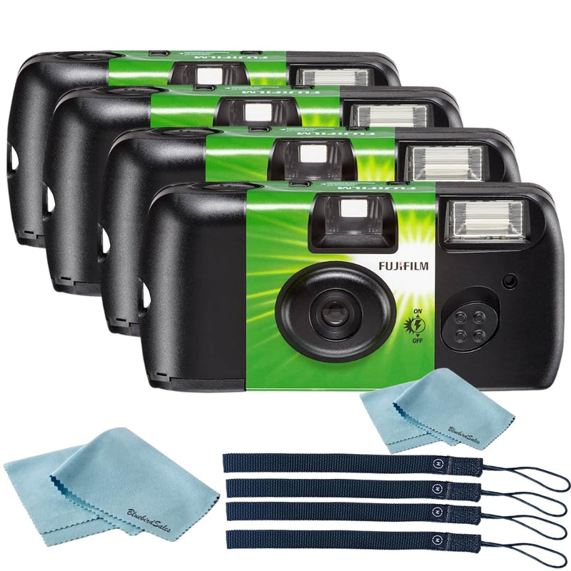 Fujifilm QuickSnap Flash 400 Disposable 35mm Camera • 4 Pack • 4 Hand Straps • 2 BluebirdSales Microfiber Cloth, Green, 7033661